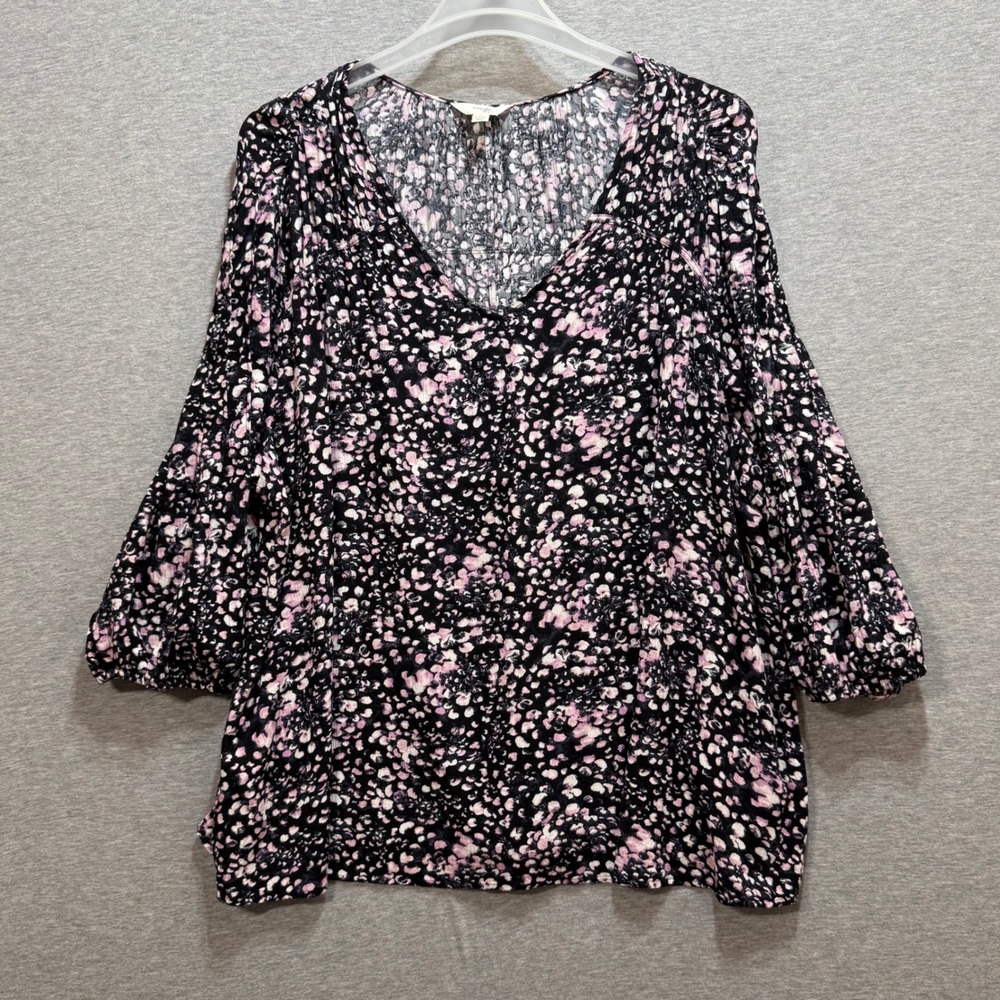Terra & Sky V-Neck Top Womens 2X Black Pink 3/4 Balloon Sleeve Boho Peasant